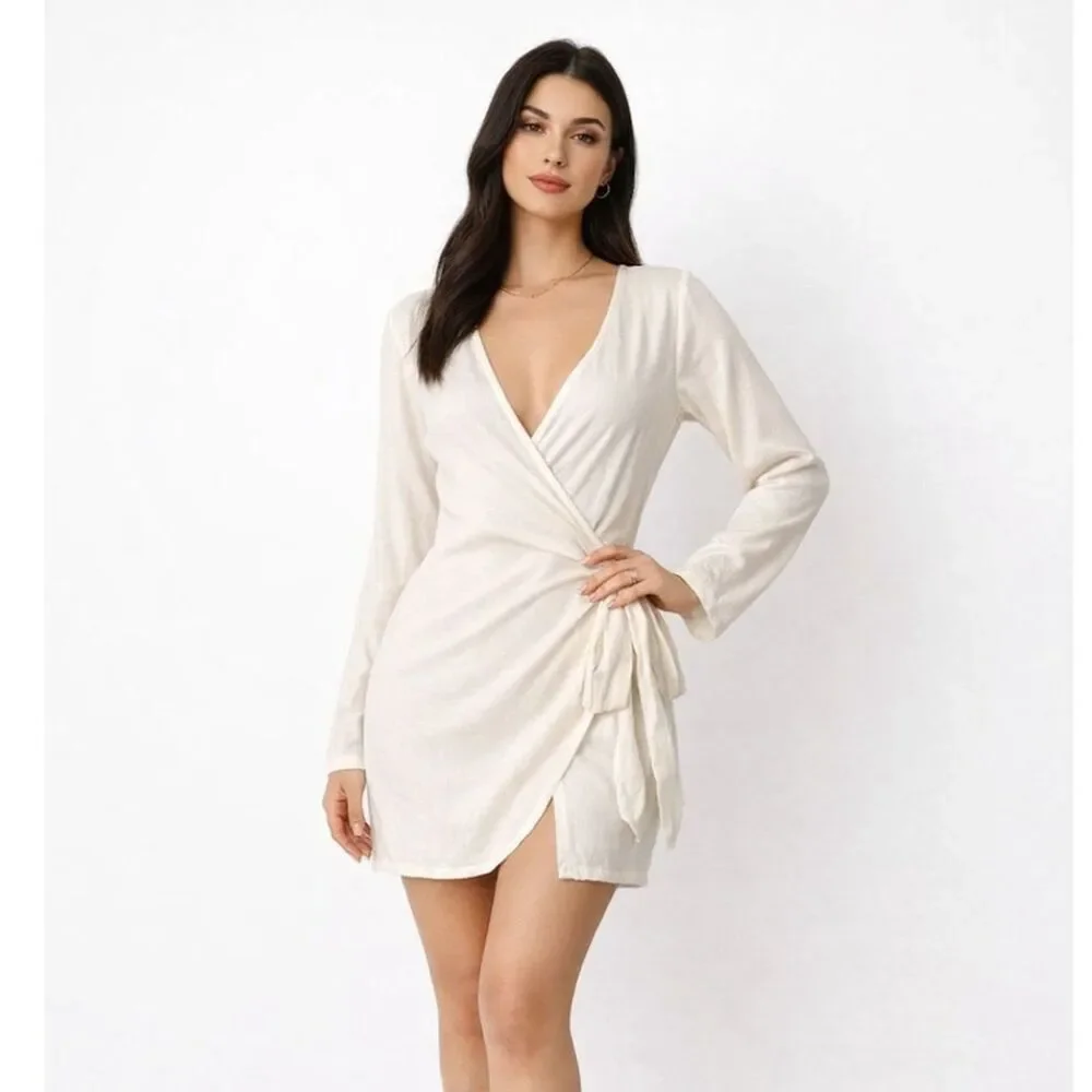 we wore what linen dress WeWoreWhat Linen Blend Dress Women's Size L Cream V-Neck Long Sleeve